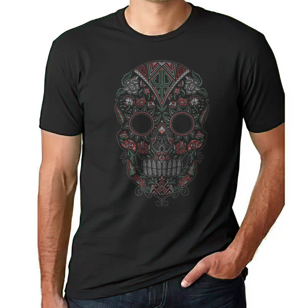 mexican skull t-shirt front design with green red white and black for adults unisex
