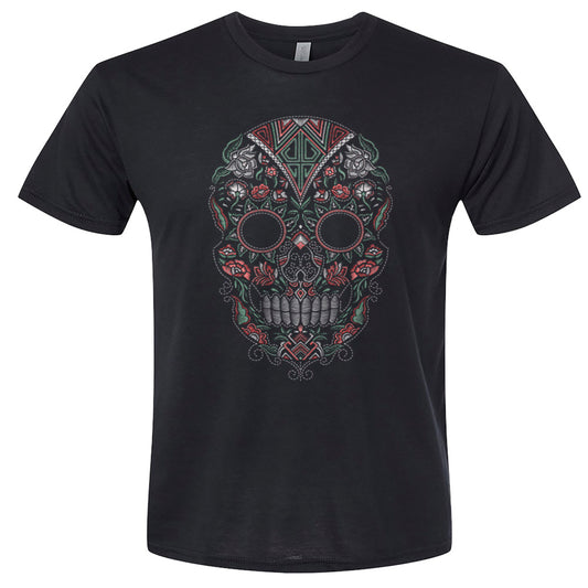 mexican skull t-shirt front design with green red white and black for adults unisex