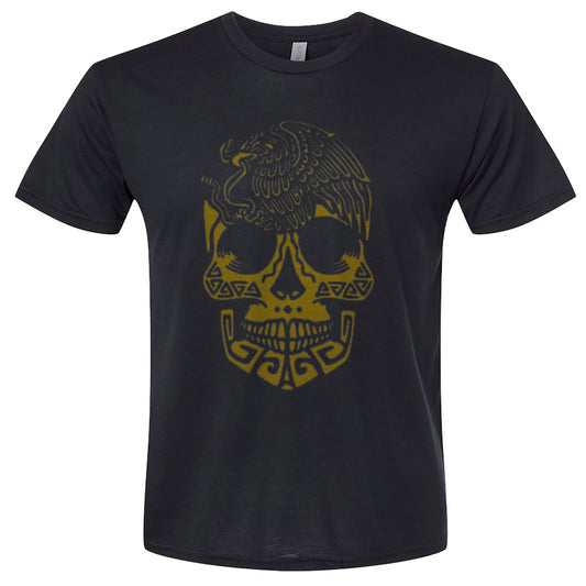 mexican skull front design in gold t-shirt for adults unisex