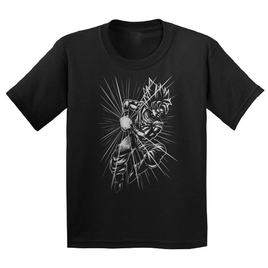 goku anime front design in black and white t-shirt for kids 