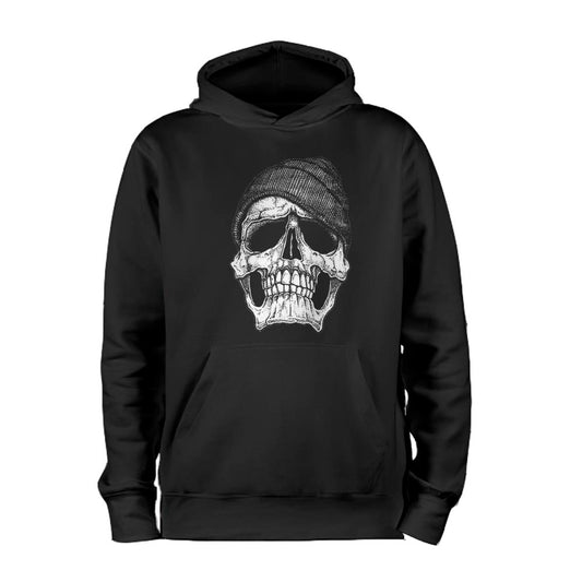 skull with beanie front design in black and white hoodie for adults unisex
