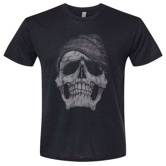 skull with beanie front design in black and white t-shirt for adults unisex 