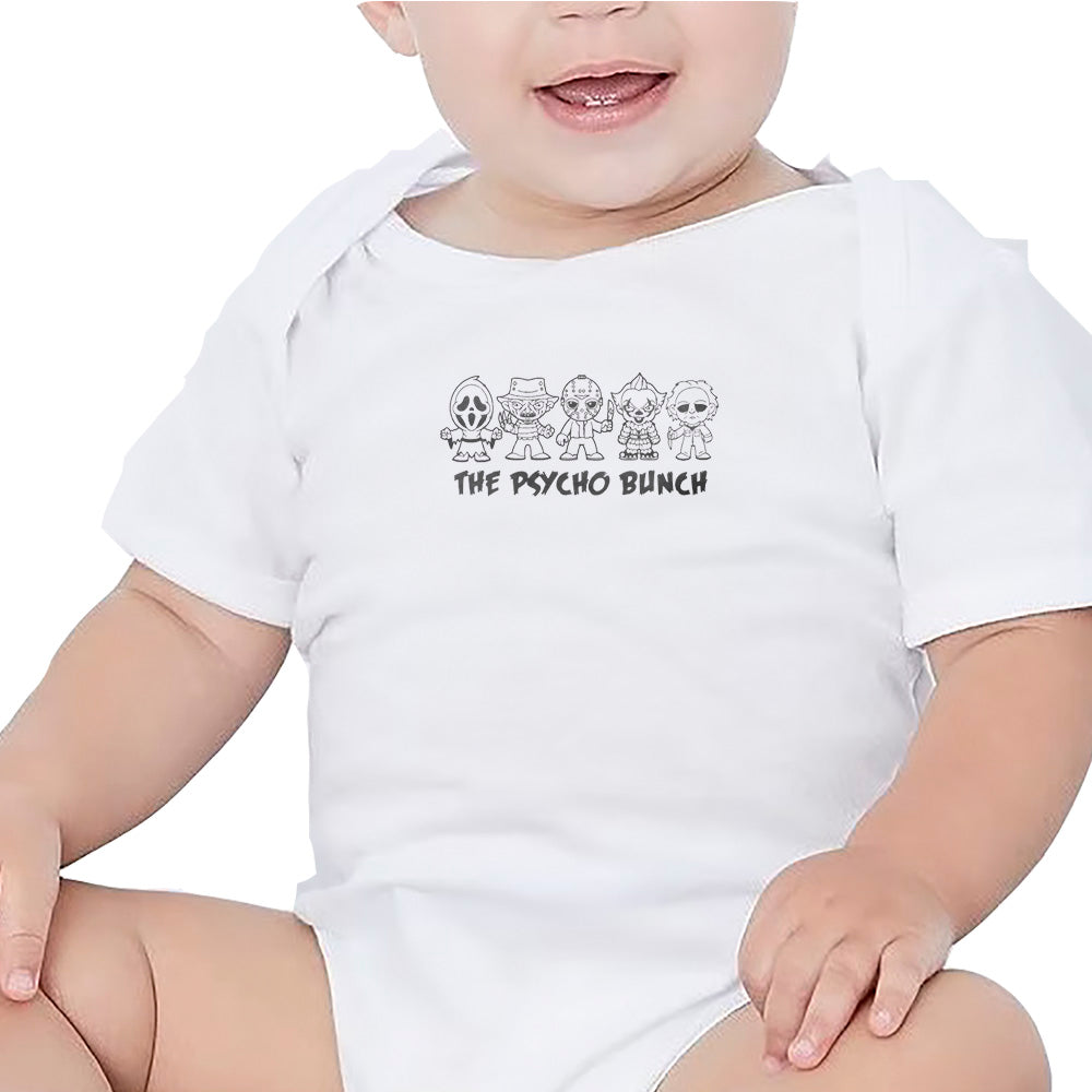 baby bodysuits with cartoony horror characters in black and white