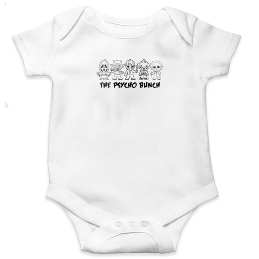 baby bodysuits with cartoony horror characters in black and white 