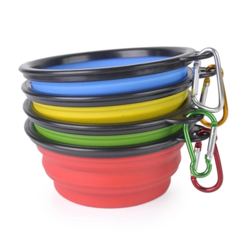 portable collapsible silicone water dog/cat bowl in red yellow blue and green 