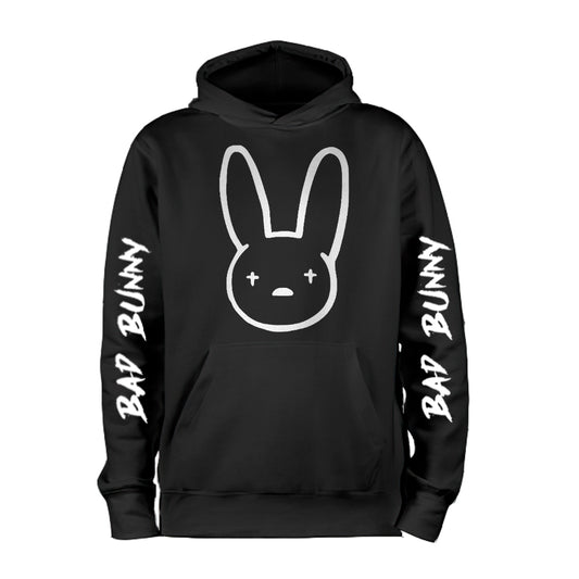 bad bunny hoodie with front white logo and design on sleeves adult unisex