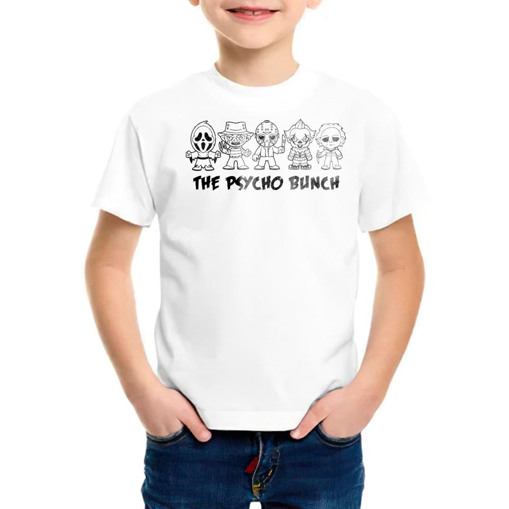 cartoony horror character front design in black and white t-shirt for kids