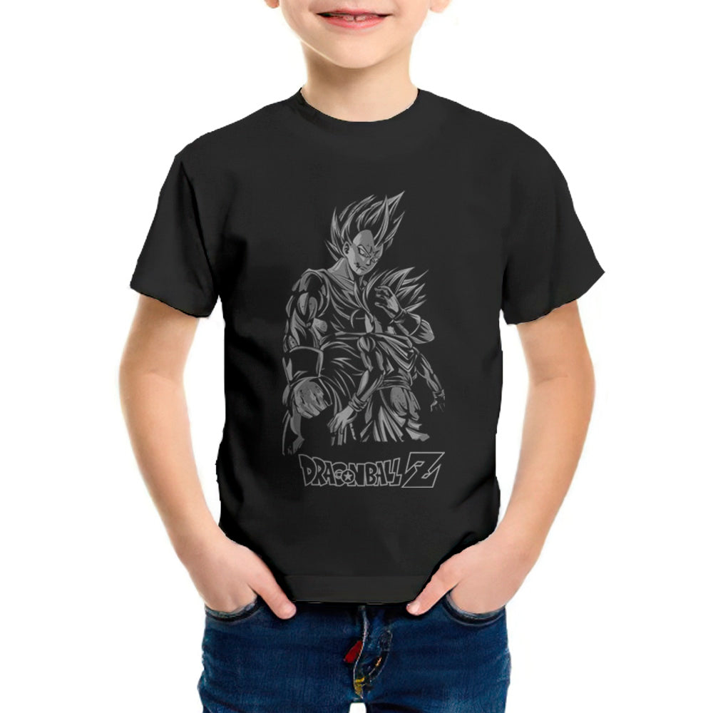 Dragon ball z vahueta front design in black and white graphic t-shirt for kids unisex