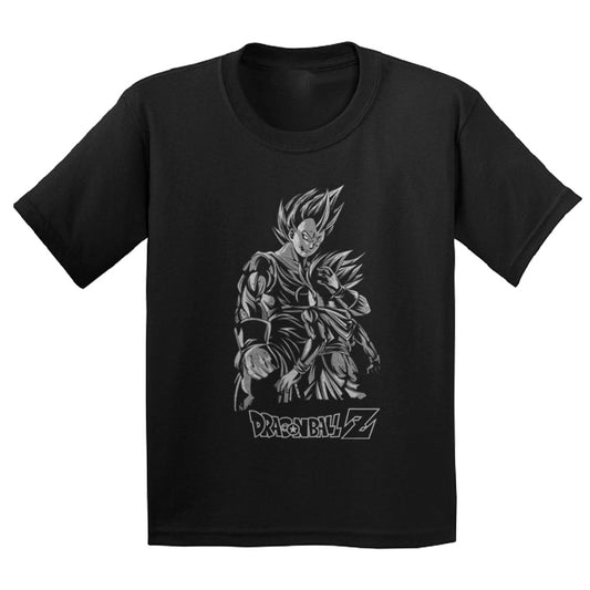 Dragon ball z vahueta front design in black and white graphic t-shirt for kids unisex