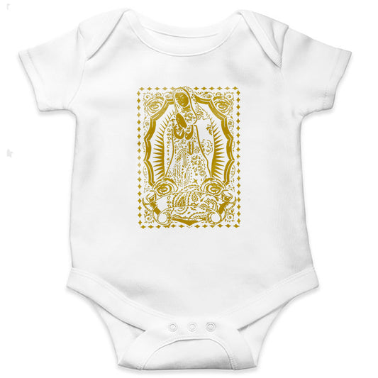 white baby bodysuit virgin Mary gold print
