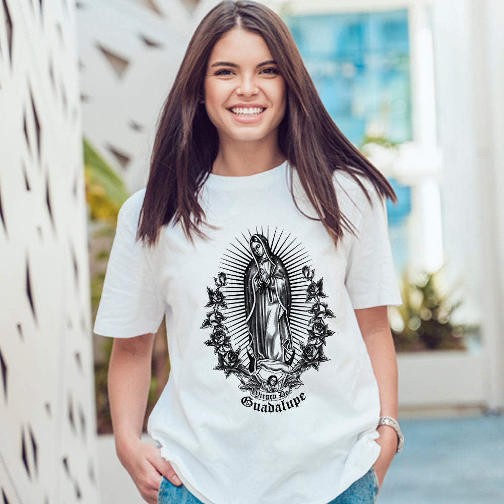 Virgin mary black and white front design t-shirt for adults unisex