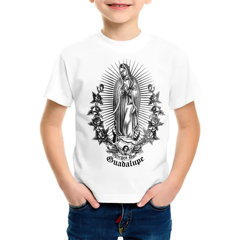 Virgin mary t-shirt with front design in black and white for kids