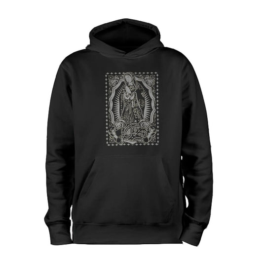 Virgin mary hoodie with front design in gray for adults unisex