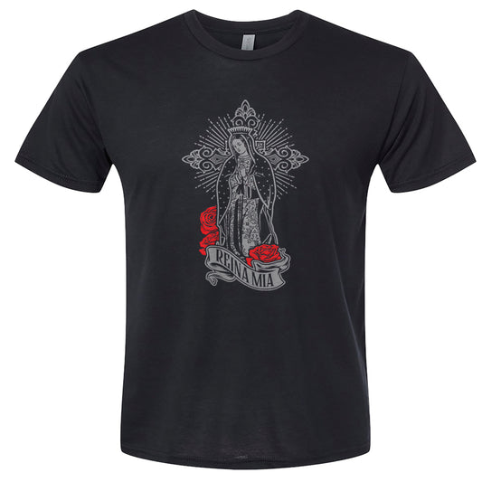 Virgin mary black and white with red roses front design  t-shirt for adults unisex