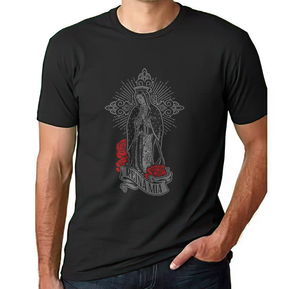 Virgin mary black and white with red roses front design t-shirt for adults unisex