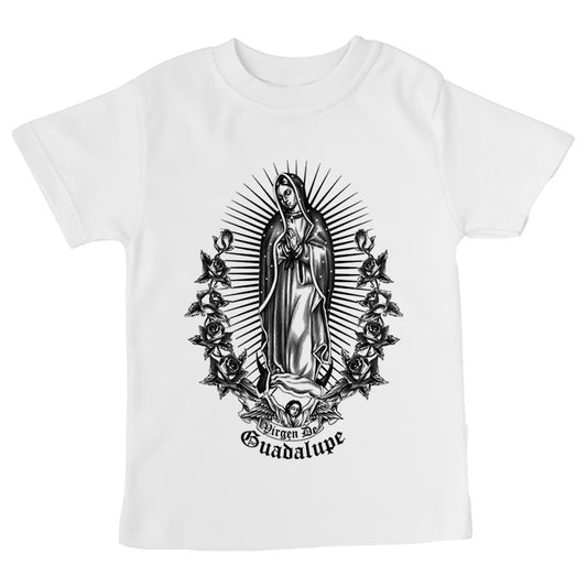 Virgin mary t-shirt with front design in black and white for kids 
