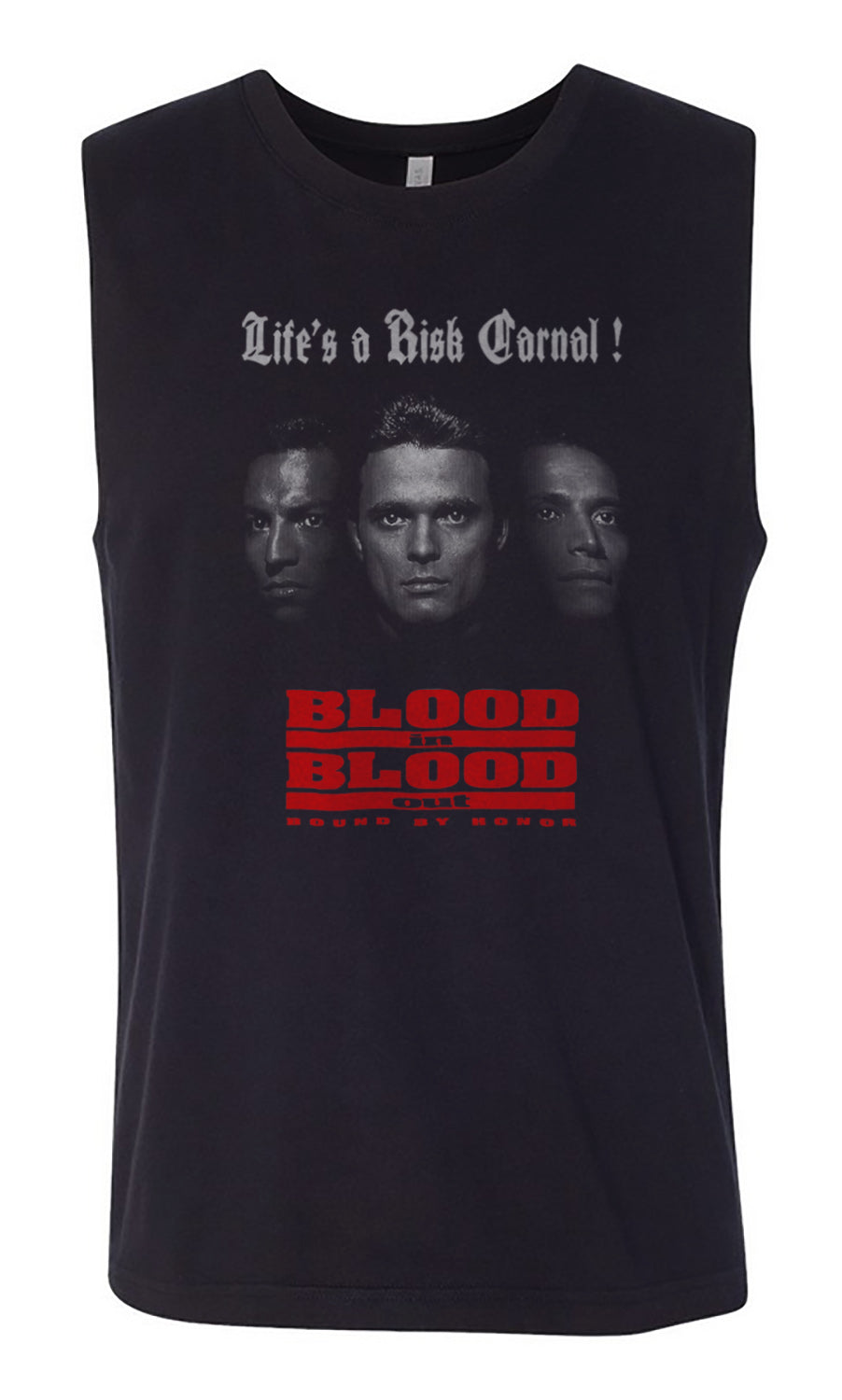 This short sleeve muscle tank tshirt combines comfort and style with its soft fabric and bold "Blood In Blood Out" design. Perfect for fans of the iconic film, this shirt is sure to make a statement.