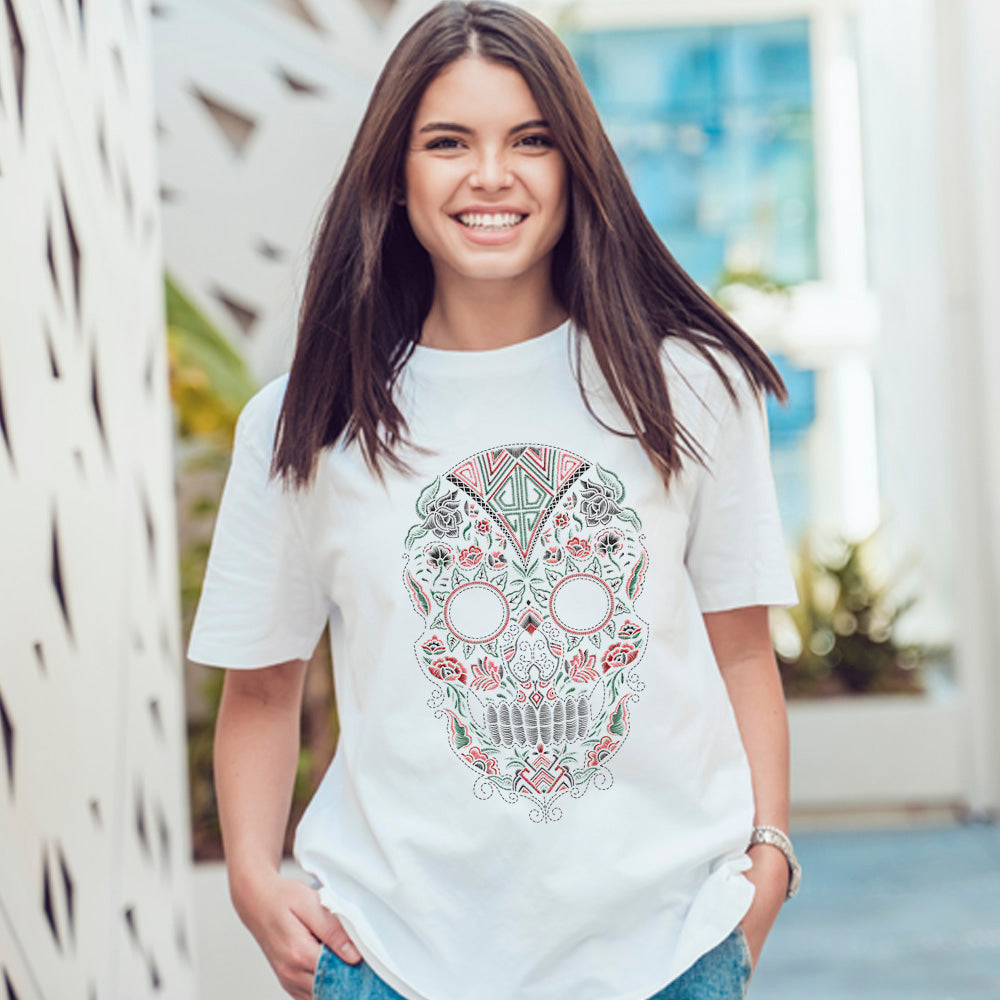 mexican skull t-shirt front design with green red white and black for adults unisex