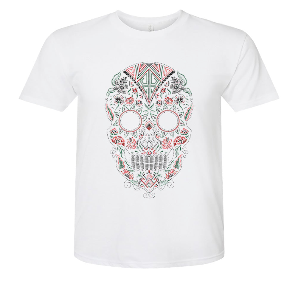 mexican skull t-shirt front design with green red white and black for adults unisex