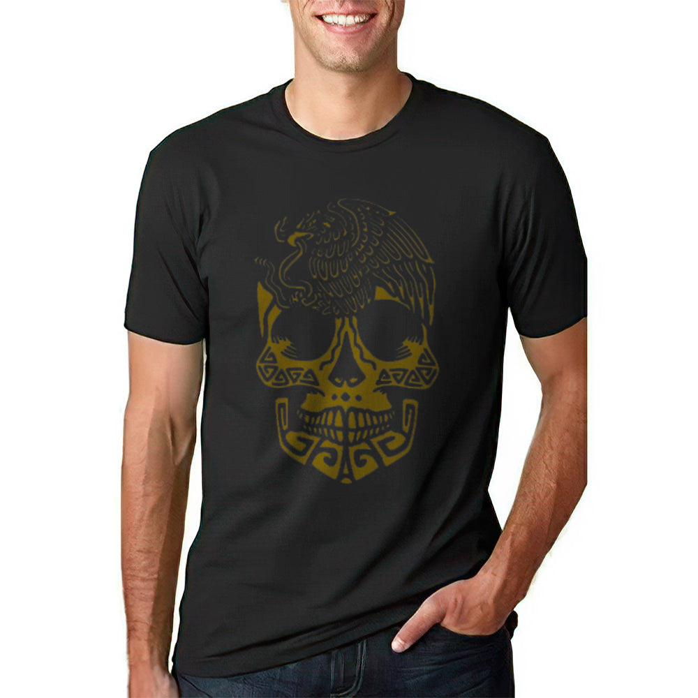 mexican skull front design in gold t-shirt for adults unisex