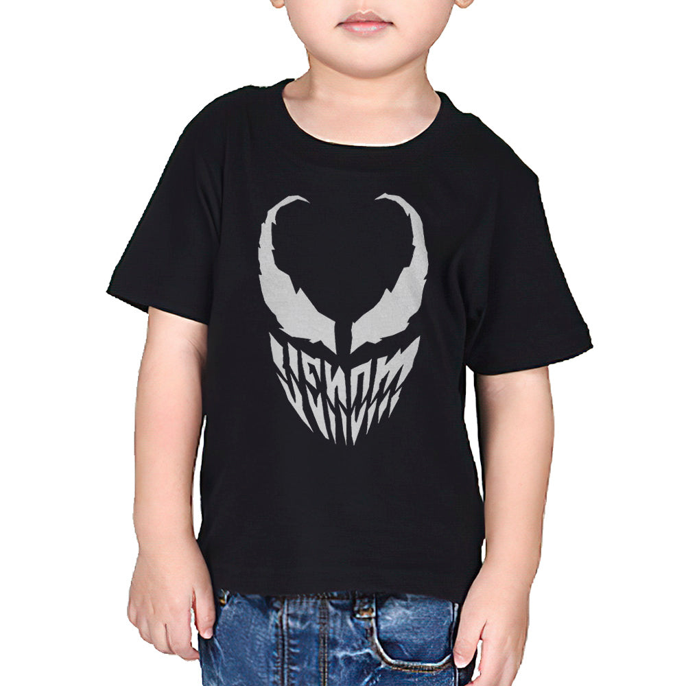 venom t-shirt front design in black and white for kids