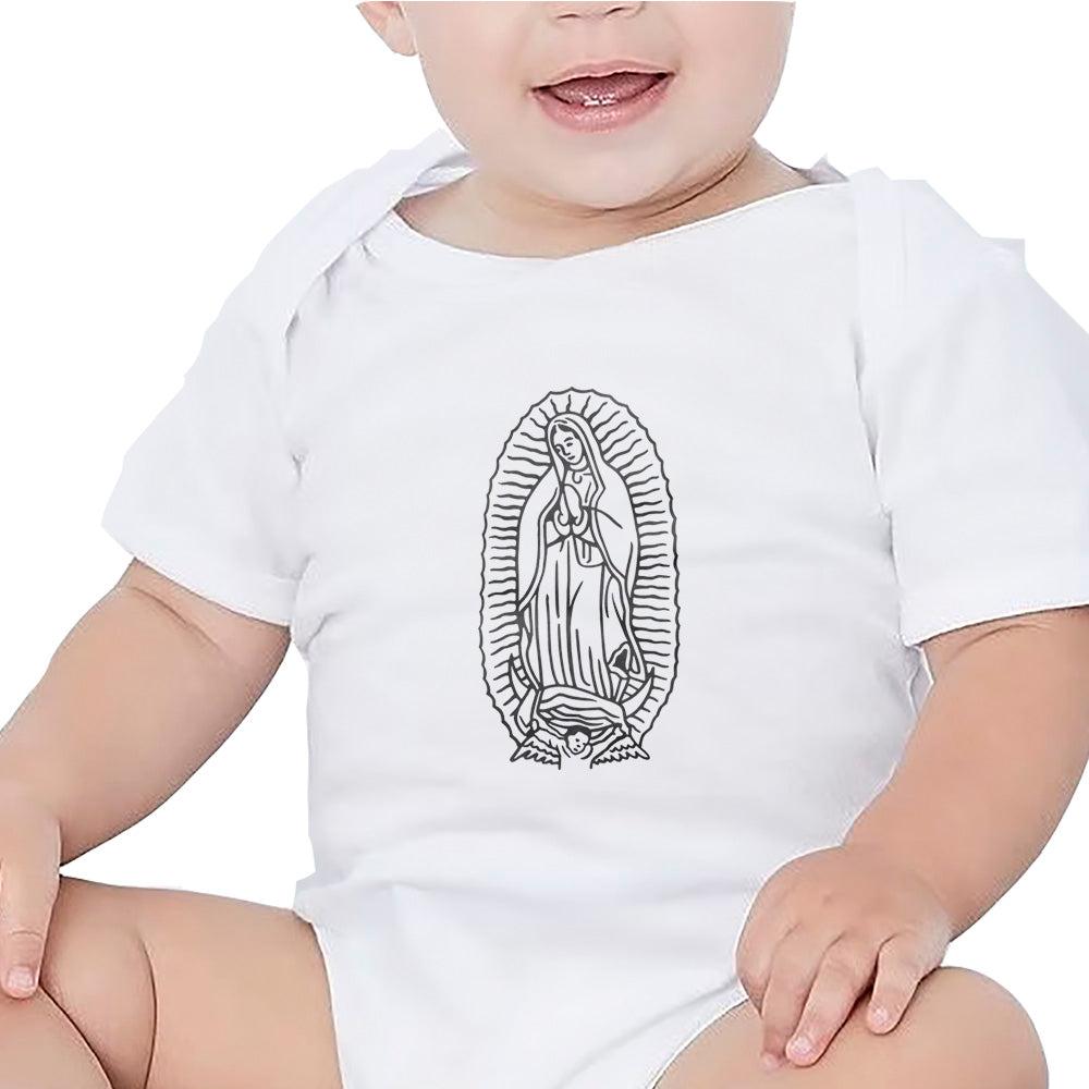 white baby bodysuit virgin Mary print in black